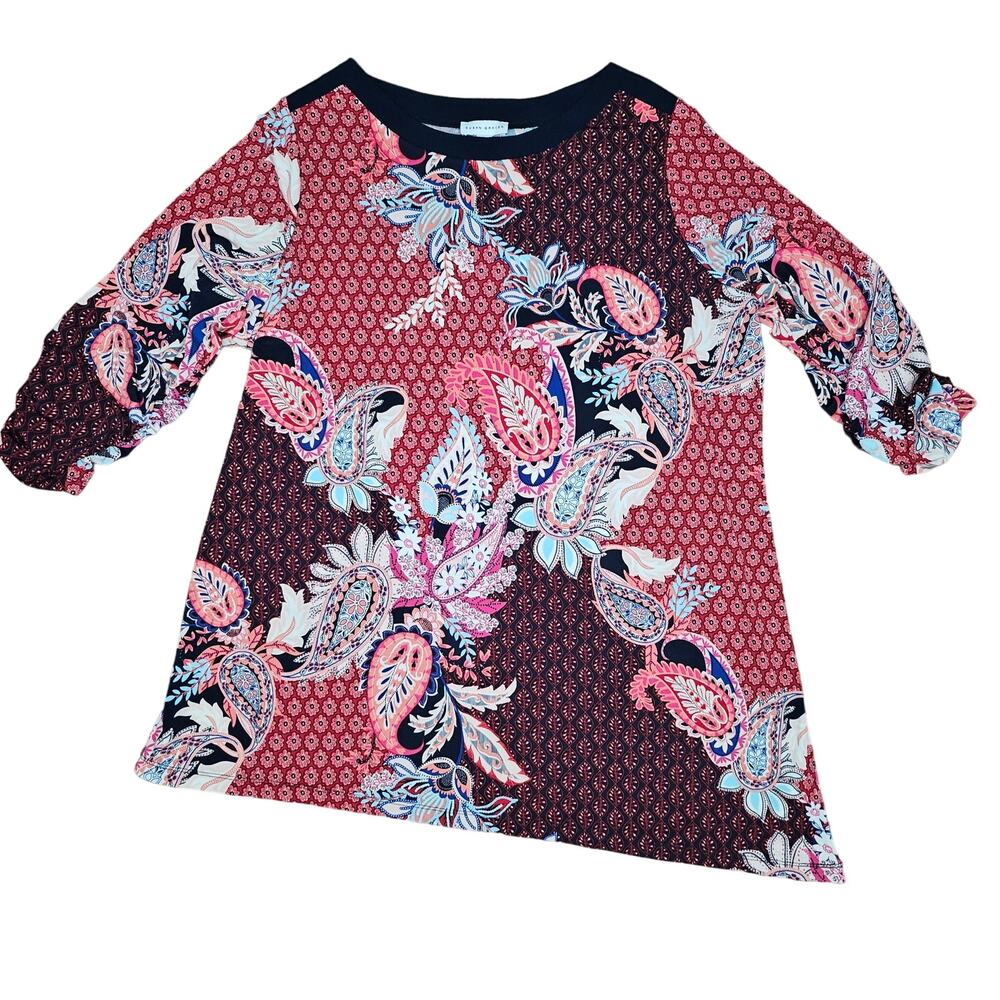 Susan Graver Printed Red LIQUID KNIT TUNIC TOP 1X Asymmetrical Hem PAISLEY SHIRT